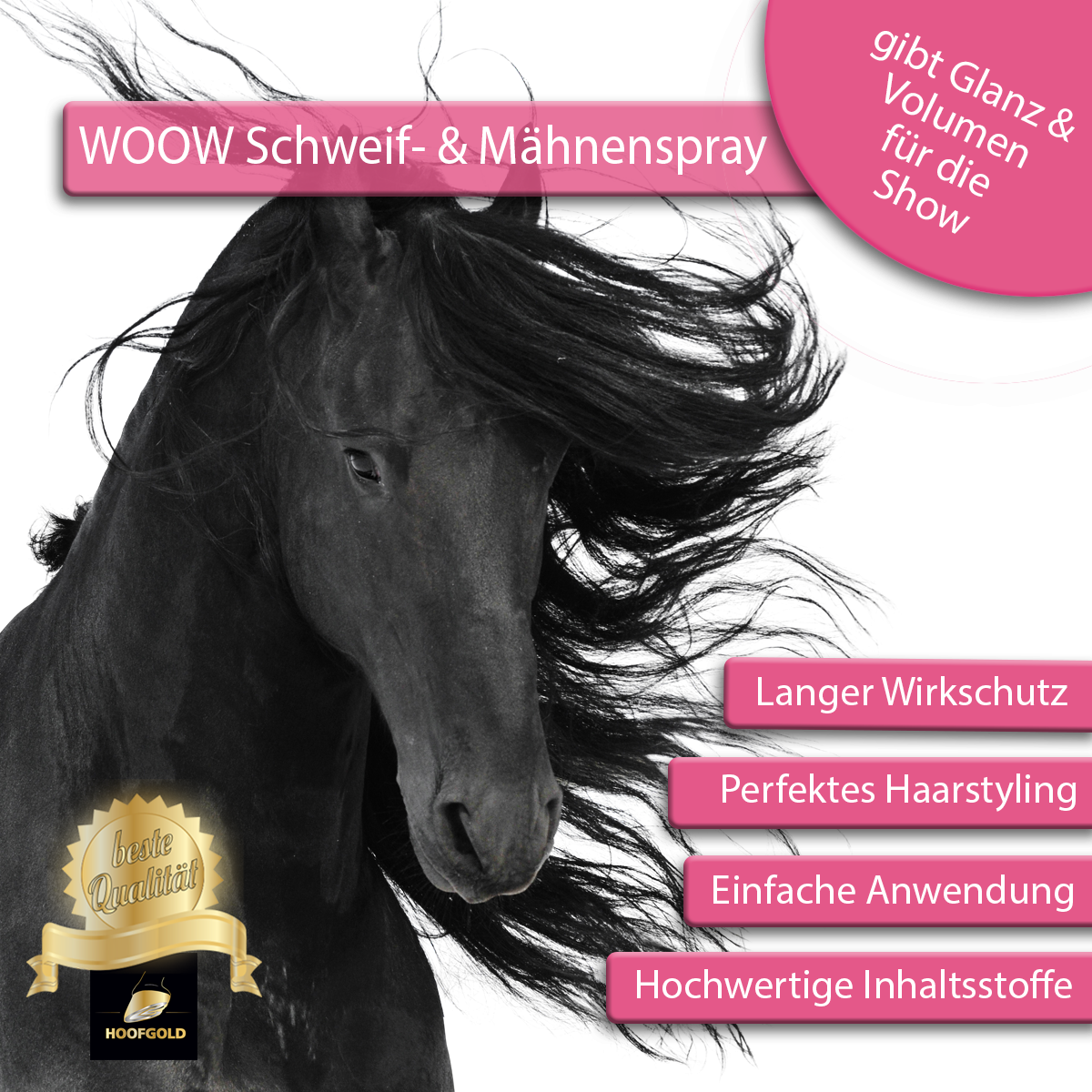 WOOW Show-Shine-Spray – sorgt für seidige Mähne & Schweif, verhindert Verknotungen und schützt das Haarkleid langanhaltend | Hoofgold
