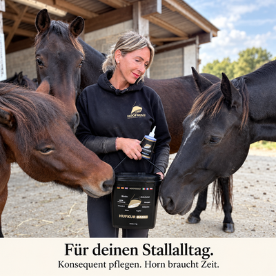 Kika mit Pferden, BlueStuff und Hufkur im Stallalltag: konsequente Strahlpflege, Hornbildung braucht Zeit