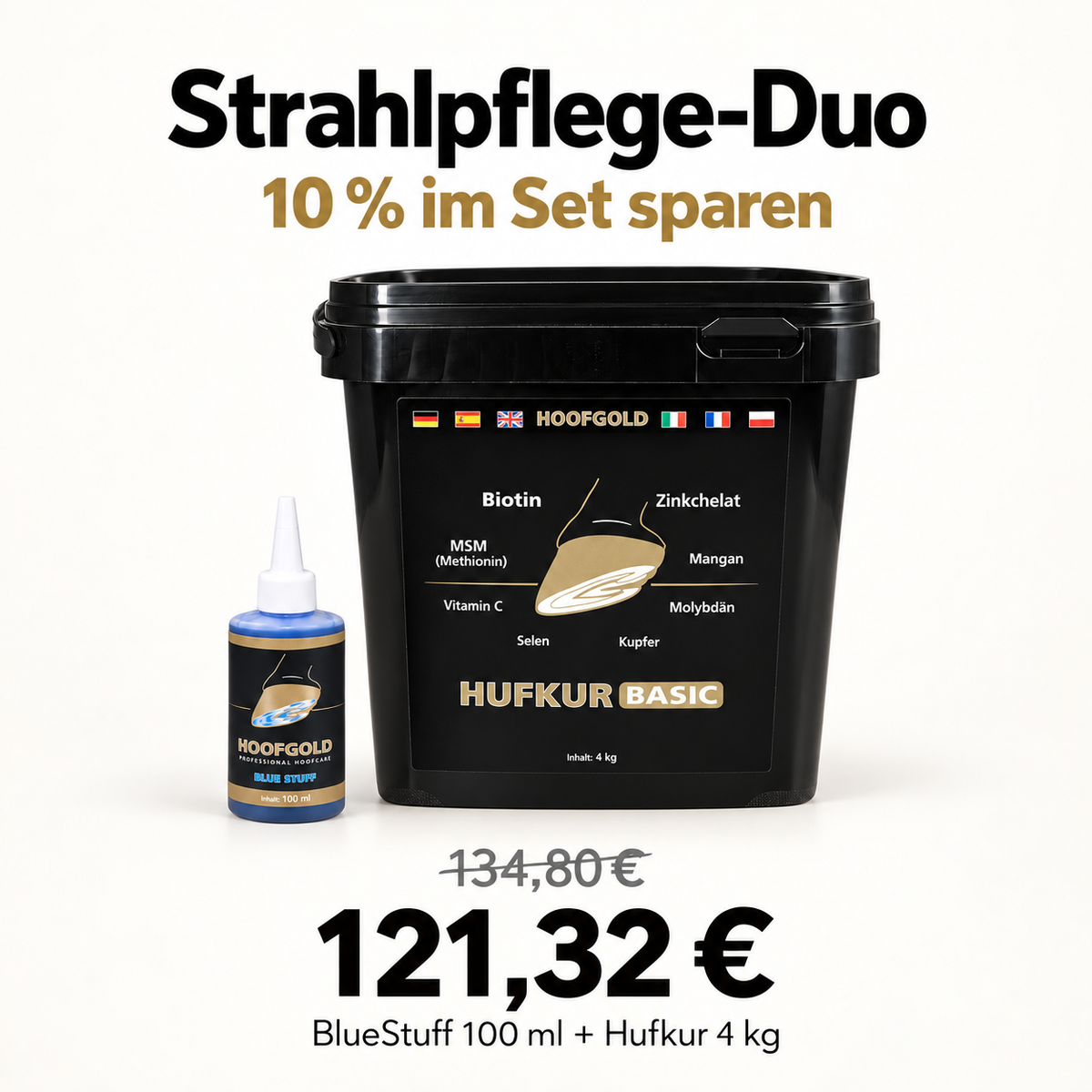 HOOFGOLD Strahlpflege-Duo: 121,32 € statt 134,80 € beim Einzelkauf, 10 Prozent sparen; BlueStuff 100 ml und Hufkur 4 kg