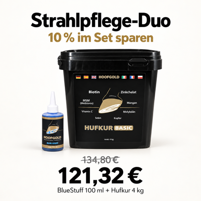 HOOFGOLD Strahlpflege-Duo: 121,32 € statt 134,80 € beim Einzelkauf, 10 Prozent sparen; BlueStuff 100 ml und Hufkur 4 kg