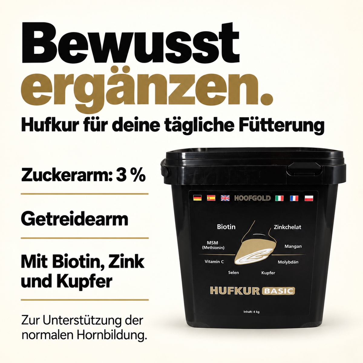 Hufkur Basic 4 kg: zuckerarm mit 3 Prozent Zucker, getreidearm, mit Biotin, Zink und Kupfer zur Unterstützung der normalen Hornbildung.