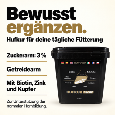 Hufkur Basic 4 kg: zuckerarm mit 3 Prozent Zucker, getreidearm, mit Biotin, Zink und Kupfer zur Unterstützung der normalen Hornbildung.