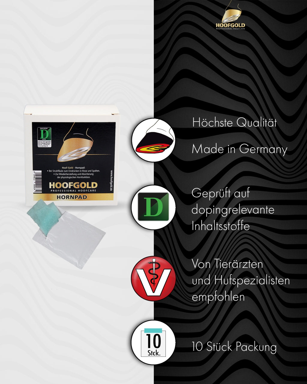Hornpad – fördert die Regeneration des Hufhorns bei Strahlrissen und Strahlfäule; stärkt und unterstützt die Heilung geschädigter Hufe | Hoofgold